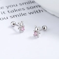 925 silver bear stud earrings with pink zircon stone and secure screw back clasp - 925 Silver / White Gold