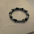 Unisex stainless steel beaded bracelet featuring black beads and matte cross pendant - Gray Green / Black