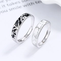 Adjustable S925 sterling silver couple rings with black and white floral enamel patterns - Adjustable Open / Female Style