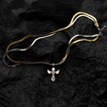 Two-tone snake chain necklace with winged cross pendant featuring sparkling stones - Tri-Tone Snake Chain Rhinestone Cross Necklace (L279-A)