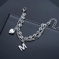 Silver double-layered stainless steel bracelet with heart and M letter pendants - Double Layer (Letter M) / Silver Letter M (S536-A)