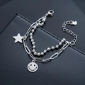 Double-layered stainless steel bracelet with star and smiley face charms on leather - Smiling Face Star Style (S537-A)