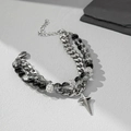 Bracciale a catena cubana a due strati con perle nere e ciondolo a stella d'argento - Stile Scintilla Stellare Effetto Ghiaccio (S226-A)