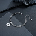 Silver stainless steel double-layer chain bracelet with white daisy flower pendant - Flower Charm Bracelet (S540-A)