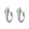 Silver snake hoop earrings with pavé white zircons and emerald green gemstone eyes - Silver Snake Head Full Rhinestone Earrings (X395-A)