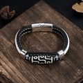 Bracelet perle Dzi tibétaine à neuf yeux avec cuir noir et cordon tressé blanc - Cuir Blanc Noir Boucle Argentée