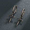 Gothic silver sword drop earrings with black zircon inlay and dark steel finish - Single Black Zirconia Cross Style (X563-A)