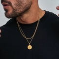 Men's double gold chain set with Figaro links and compass pendant necklace - Cuban Chain Gold