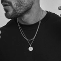 Men's double layer silver Figaro chain necklace with a compass nautical pendant - Cuban Chain Silver