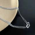 Modern double-layer silver titanium steel necklace featuring geometric square pendant - Double Layered Interlocking (L666-A)