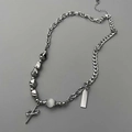 Silver punk style starburst necklace with diamond-set cross sword pendant on a link chain - Surrounding Star Necklace (L665-A)