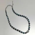 Blue tiger eye beaded necklace with silver chain links and T-bar toggle clasp for men - Blue Beaded Splice Necklace (L894-A)