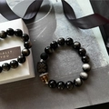 Set de bracelets en obsidienne avec perles argentées et pendentif Pi Xiu dans son coffret cadeau - Bracelet en Obsidienne avec Anneaux Argentés (S792-A)