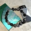 Bracciale di perle di ossidiana nera con palla da biliardo n. 8 e ciondoli a croce - Bracciale Croce Biliardo Ossidiana