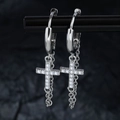 Orecchini a cerchio con croce in argento con zirconi e nappe a catena su base di roccia - Orecchini a Catena con Croce (X956-A)
