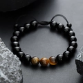 Adjustable tiger eye bead bracelet with polished black onyx stones on volcanic rock base - Tiger Eye Style (S360-A)