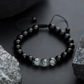 Adjustable tiger eye stone beaded bracelet with hand-woven cord and polished black beads - Natural Stone Style (S360-C)