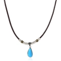 Vintage-Halskette mit blauem Wassertropfen-Anhänger und braunem Lederband für Damen - Kaffeebraun