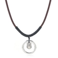 Collana vintage con gufo, cordino in pelle marrone e anello in metallo lucido argento - Marrone Scuro