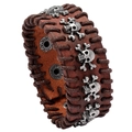 Punk brown leather cuff bracelet with silver skull rivets and woven edge detail - Brown
