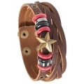 Vintage braided leather bracelet with multi-layer star and bead accents on white background - Brown