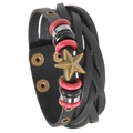 Retro multi-layer woven black leather bracelet with red beads and bronze star charm - Black
