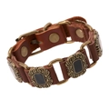 Punk style brown leather bracelet with antique bronze links and black floral inlays - Brown