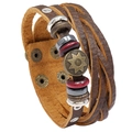 Brown litchi grain layered leather bracelet with bronze beads and star emblem - Brown Litchi Pattern Multi-layer Style