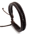 Handmade woven dark brown leather bracelet for men with adjustable cord closure - Brown