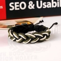 Handmade multilayer braided leather bracelet in black, white and olive green - Green Cord