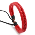 Handmade woven red leather punk bracelet with black drawstring and wooden beads - Red