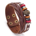 Bracciale vintage in pelle intrecciata da uomo con teschio in metallo e perline multistrato - Marrone
