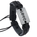 Bracciale retrò in pelle intrecciata nera con piastra Love e cordino regolabile - Nero