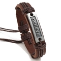 Vintage braided leather bracelet with believe engraved metal plate and adjustable cord - Dark Brown