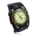 Vintage Herren-Quarzuhr mit schwarzem breitem Lederarmband und antikem Bronzerahmen - Schwarz