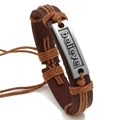 Vintage braided leather bracelet with silver metal plate featuring believe engraving - Tan