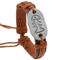 Vintage brown leather woven bracelet with antique silver fishbone metal charm - Light Brown Thread