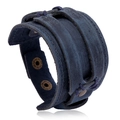 Deep blue vintage multi-layer leather bracelet with adjustable bronze snap fasteners - Retro Blue