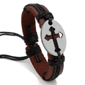 Bracciale vintage in pelle marrone con placca a croce in argento e intreccio nero - Filo Nero