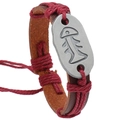 Handmade nautical brown leather bracelet with fishbone charm and red woven rope - Dark Red Thread