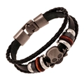 Bracciale multistrato in pelle punk da uomo con teschio vintage e perle di legno - Stile Teschio (DK032) / Nero