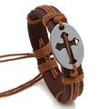Bracciale vintage in pelle marrone intrecciata da uomo con ciondolo a croce in metallo - Filo Marrone Chiaro