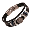 Bracciale vintage in pelle nera a doppio strato con ciondolo a ingranaggi e corda - Bracciale in Pelle Doppio Strato Vintage Nero (DK030)