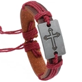 Bracciale vintage in pelle marrone con corda rossa intrecciata e placca croce in metallo - Corda Rosso Scuro