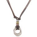 Collana vintage da uomo con doppio anello di metallo e cordino in pelle regolabile - Marrone