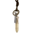 Collier rétro avec pendentif balle, croix et plaque gravée sur cordon cuir brun - Bronze