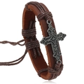 Bracelet rétro en cuir tressé avec croix en argent vintage et cordon réglable - café