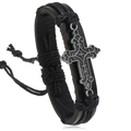 Bracelet rétro en cuir noir avec croix et cordon réglable pour hommes et femmes - Noir