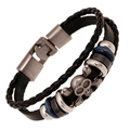 Punk vintage double-layer black leather bracelet with silver skull and crossbones charm - Black Skull Style (DK040)