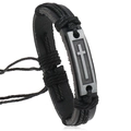 Vintage-Armband aus schwarzem Leder mit geflochtenen Schnüren und eingraviertem Metallkreuz - Schwarz